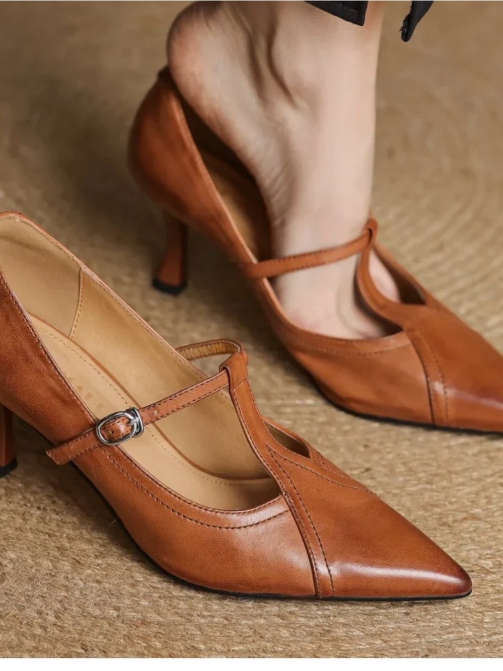 Handmade T-Strap Pointed Toe Heels in Brown - Picture 10 of 13